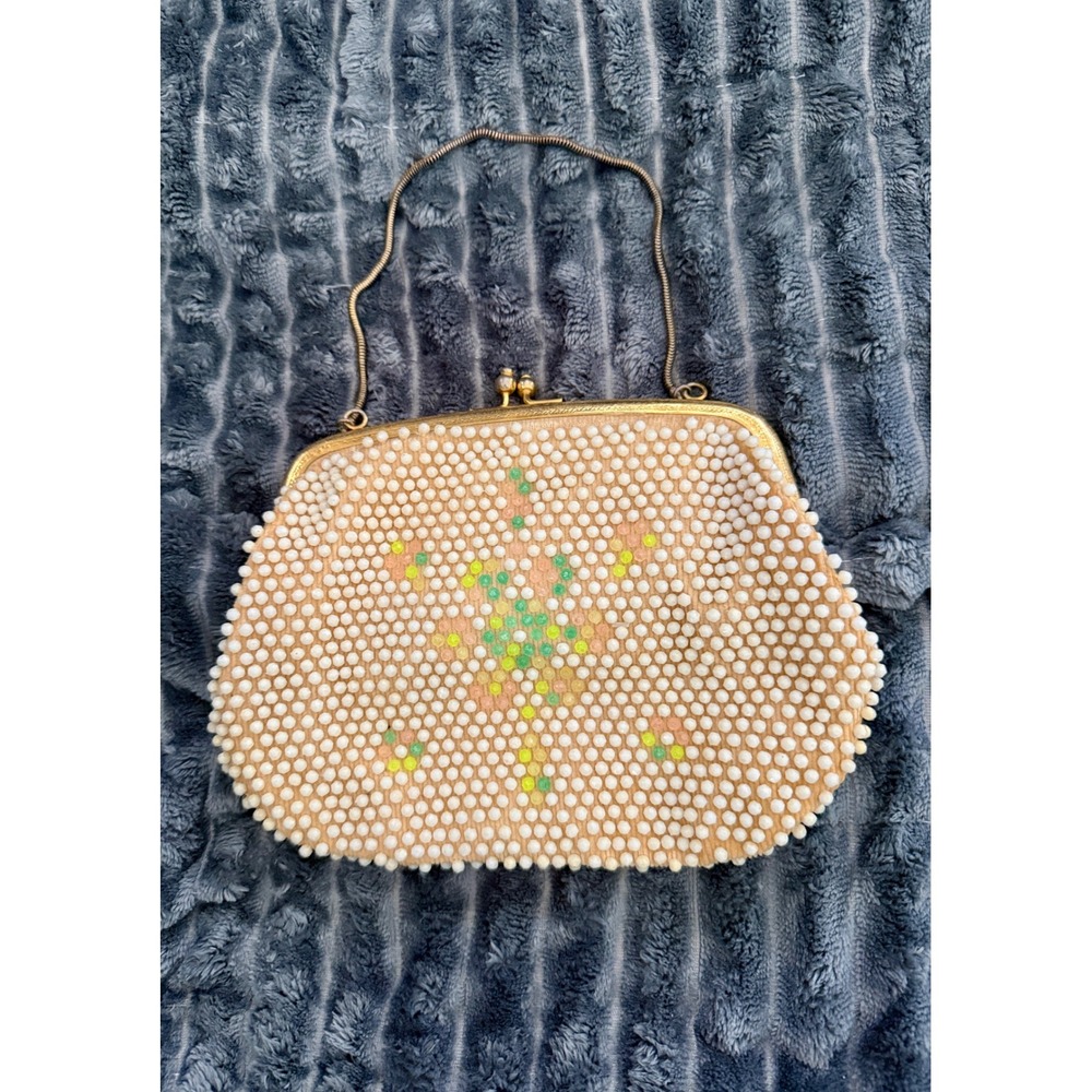 Vintage‎ Beaded Clutch Women Small White Floral Kiss Lock Bag